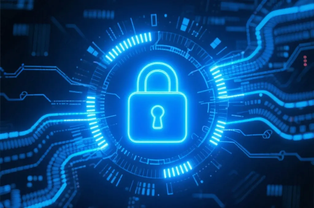 An abstract visual representing digital security featuring a glowing padlock icon surrounded by abstract cyber data streams in blue tones